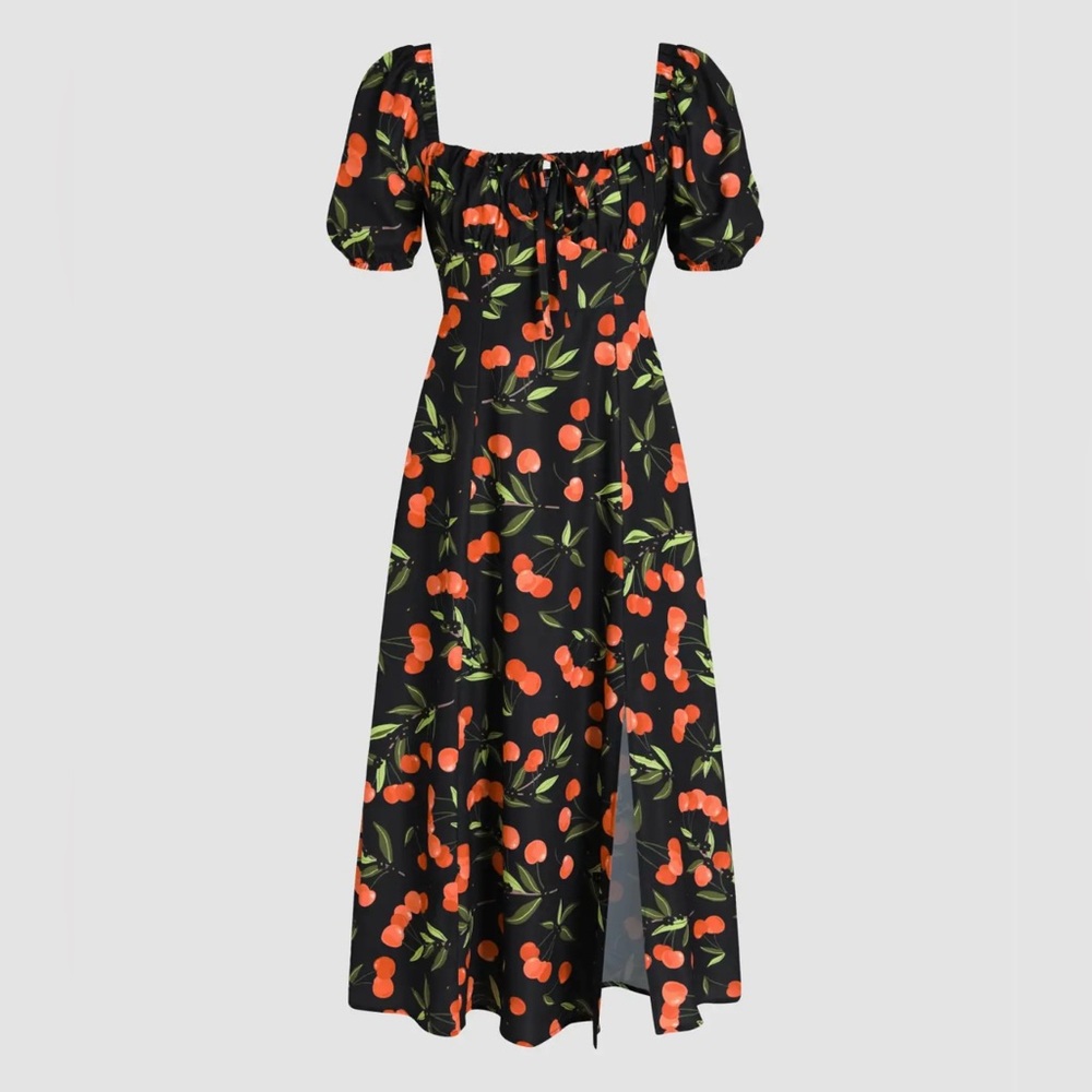 Cider Black Maxi Dress with Red Cherry Pattern